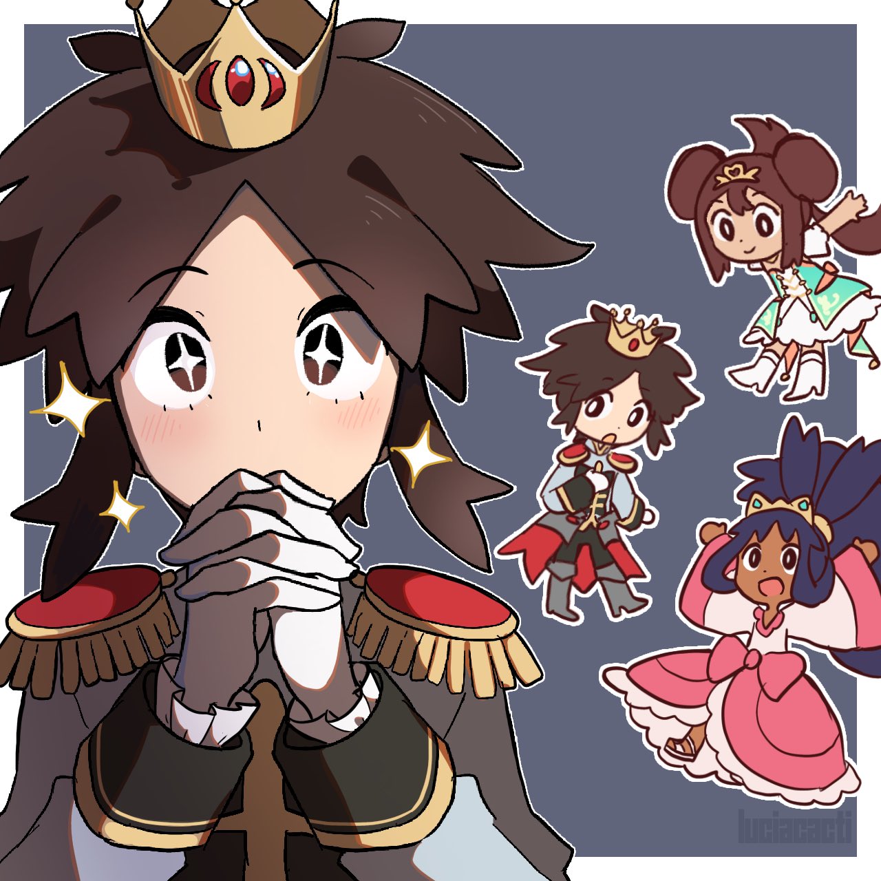 1boy, 2girls, artist_name, blush, border, brown_eyes, brown_hair, chibi, crown, dark-skinned_female, dark_skin, double_bun, english_commentary, epaulettes, grey_background, hair_bun, highres, iris_(pokemon), luciacacti, multiple_girls, nate_(champion)_(pokemon), nate_(pokemon), official_alternate_costume, outside_border, own_hands_together, pokemon, pokemon_bw2, pokemon_masters_ex, rosa_(pokemon), sparkle, sparkling_eyes, tiara, white_border