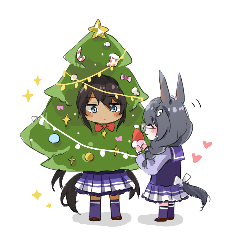 2girls, absurdres, animal_ears, back_bow, black-framed_eyewear, black_hair, blue_eyes, bow