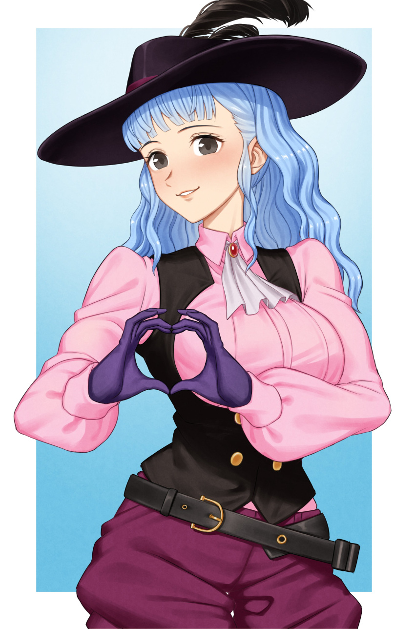 1girl, absurdres, alternate_costume, alternate_hairstyle, ascot, belt, belt_buckle, black_belt, black_eyes, black_headwear, blue_background, blue_hair, border, breasts, buckle, buttons, collared_shirt, commentary, commission, cosplay, crossover, english_commentary, fire_emblem, fire_emblem:_three_houses, gloves, grin, hat, hat_feather, heart, heart_hands, highres, lips, long_hair, long_sleeves, looking_at_viewer, marianne_von_edmund, medium_breasts, okumura_haru, okumura_haru_(cosplay), outside_border, parted_lips, persona, persona_5, pink_lips, pink_shirt, purple_gloves, rojen, shirt, simple_background, smile, solo, underbust, voice_actor_connection, wavy_hair, white_ascot, white_border, xanthe_huynh