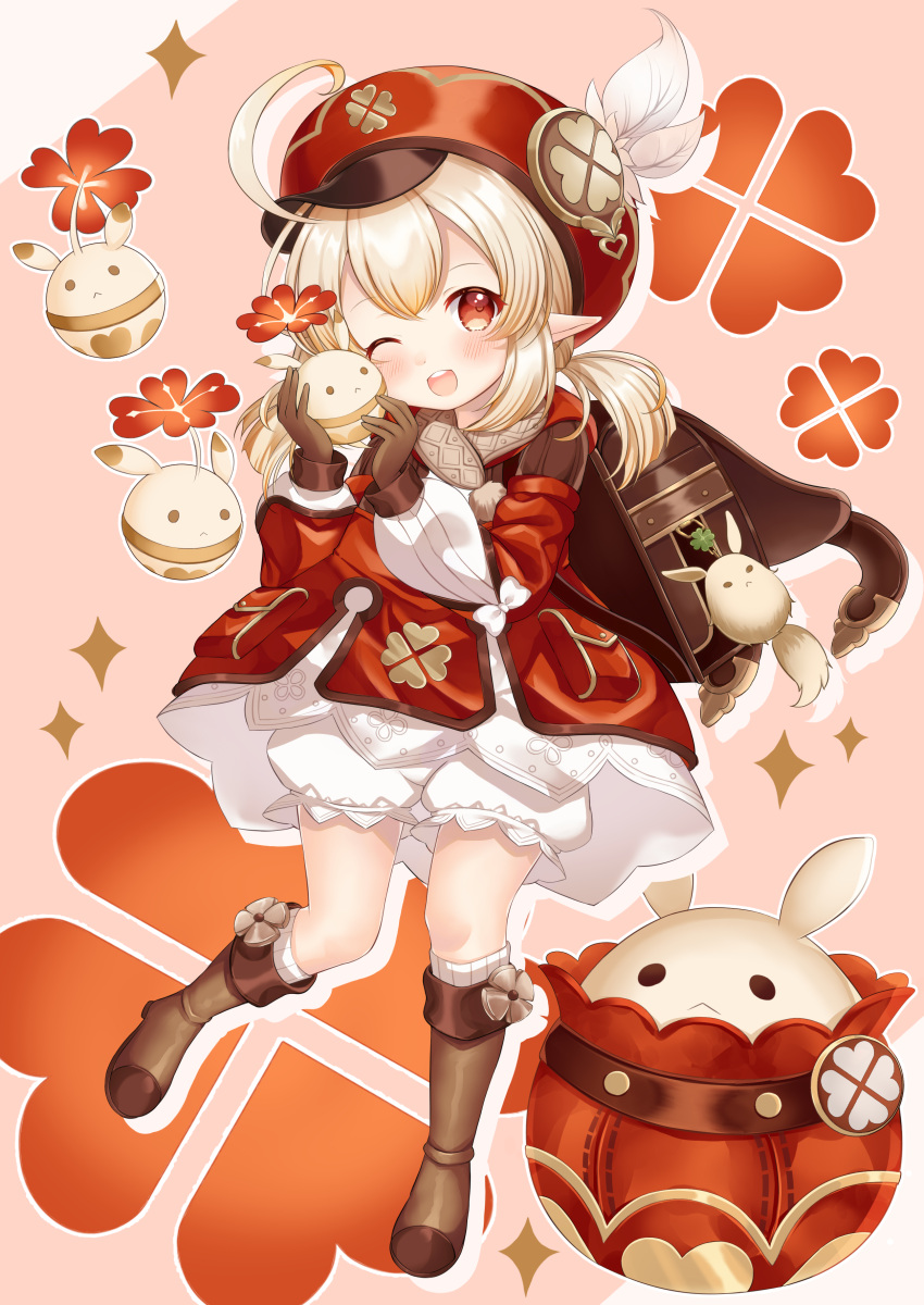 1girl, :<, ;d, absurdres, ahoge, backpack, bag, bag_charm