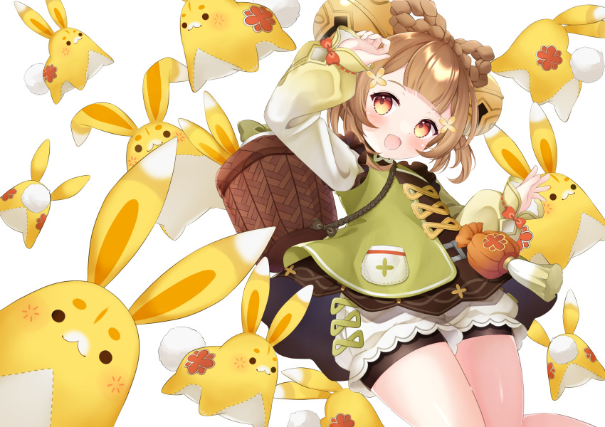 1girl, :3, :d, arm_up, bag, basket, bell, bloomers
