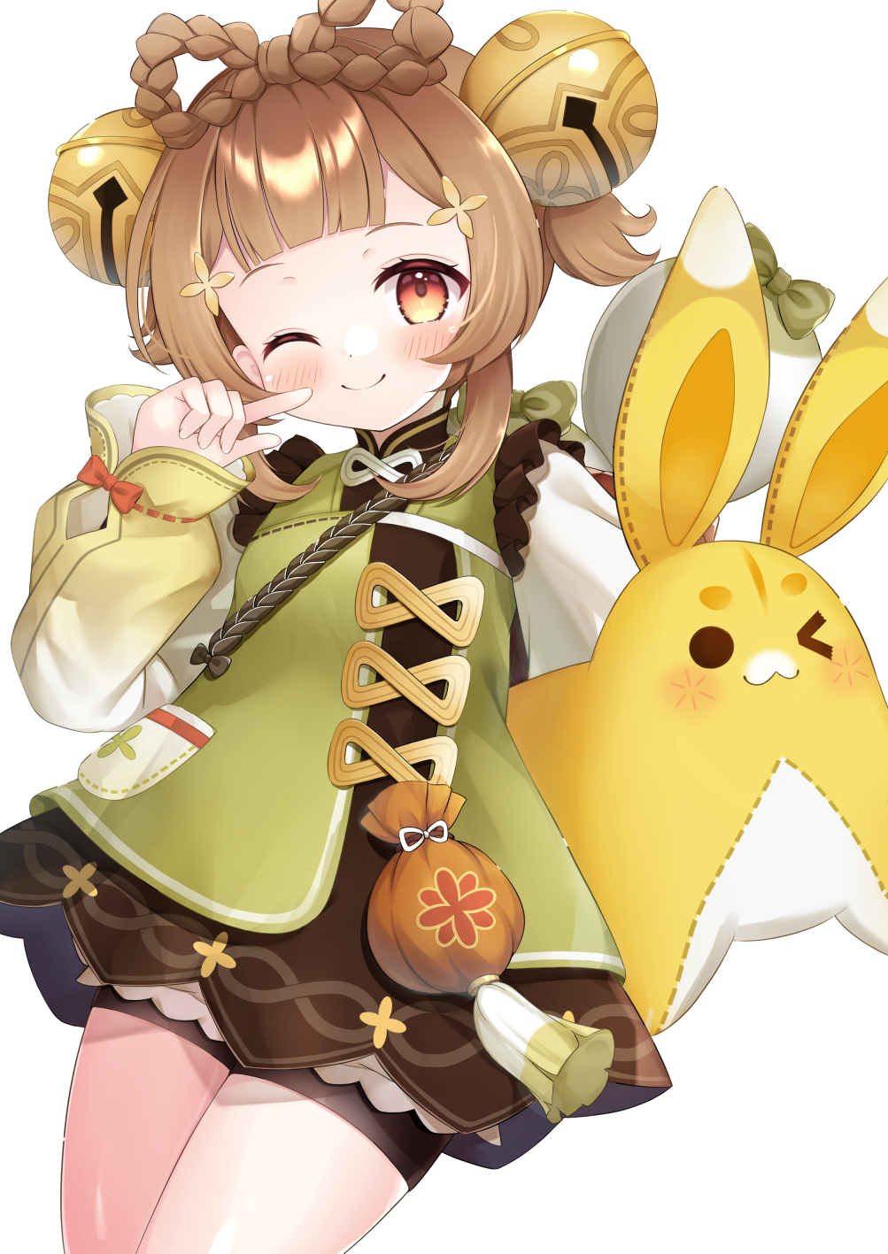 >_o, 1girl, ;), ;3, bag, basket, bell, bloomers