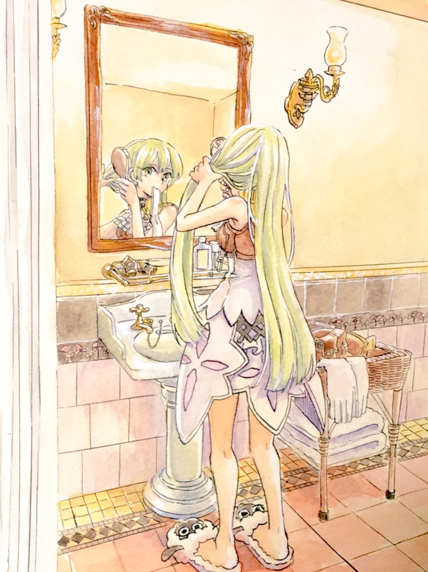 1girl, animal_slippers, basket, bottle, collar, dress, facing_away, faucet