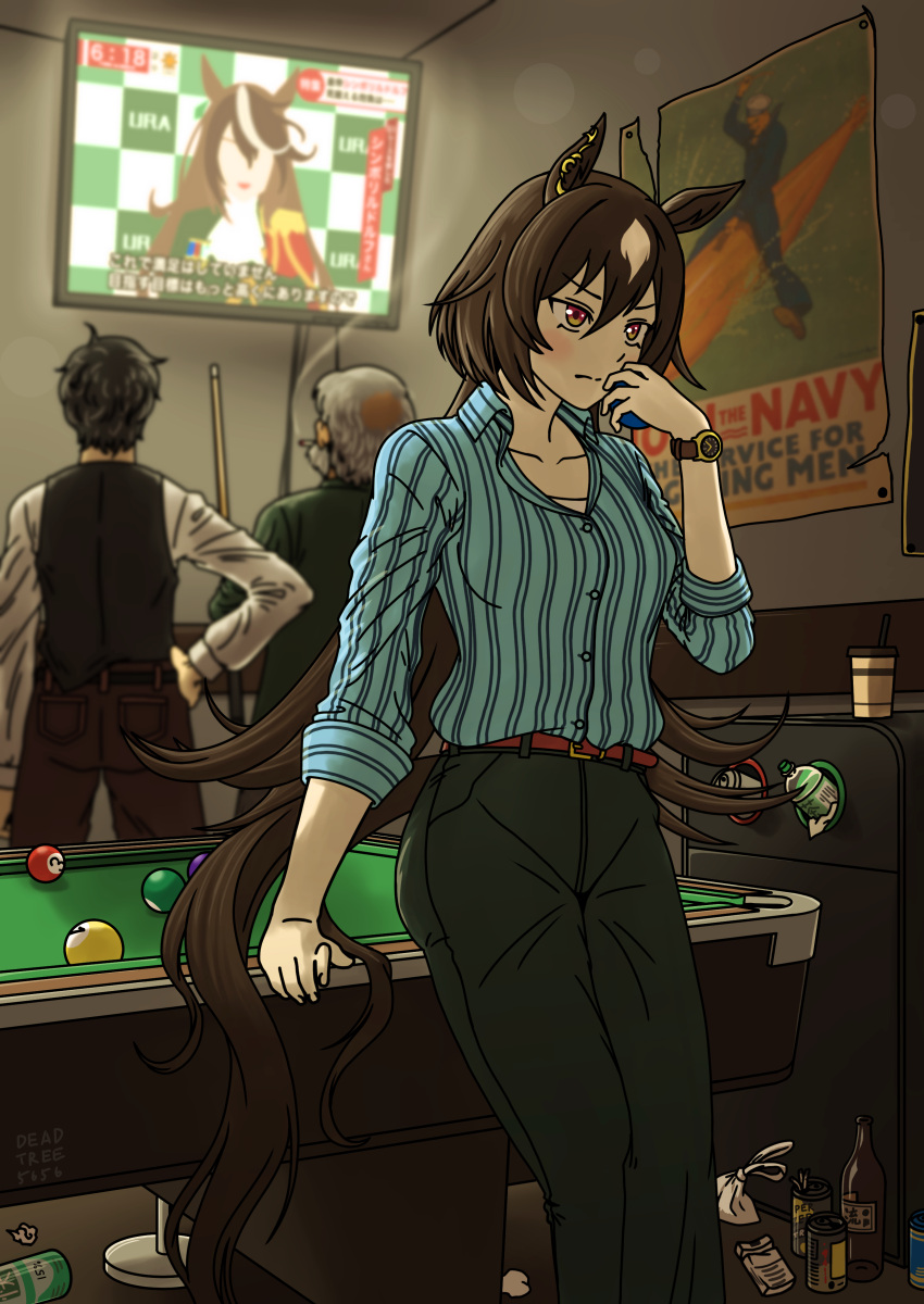 1girl, 2boys, absurdres, animal_ears, artist_name, ball, billiard_ball, billiards, black_pants, blue_shirt, brown_hair, collared_shirt, cue_stick, empty_bottle, feet_out_of_frame, hair_between_eyes, highres, holding, holding_ball, holding_cue_stick, horse_ears, horse_girl, horse_tail, kareeda_(deadtree5656), long_hair, long_sleeves, multicolored_hair, multiple_boys, pants, pool_table, poster_(object), red_eyes, shirt, sirius_symboli_(umamusume), solo_focus, streaked_hair, striped, striped_shirt, symboli_rudolf_(umamusume), table, tail, trash, trash_can, umamusume, vertical-striped_shirt, vertical_stripes, watch, watch, watching_television