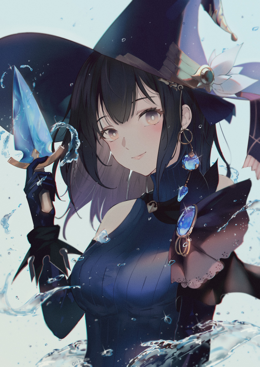 1girl, bare_shoulders, black_hair, breasts, brown_dust_2, dagger, earrings, hat