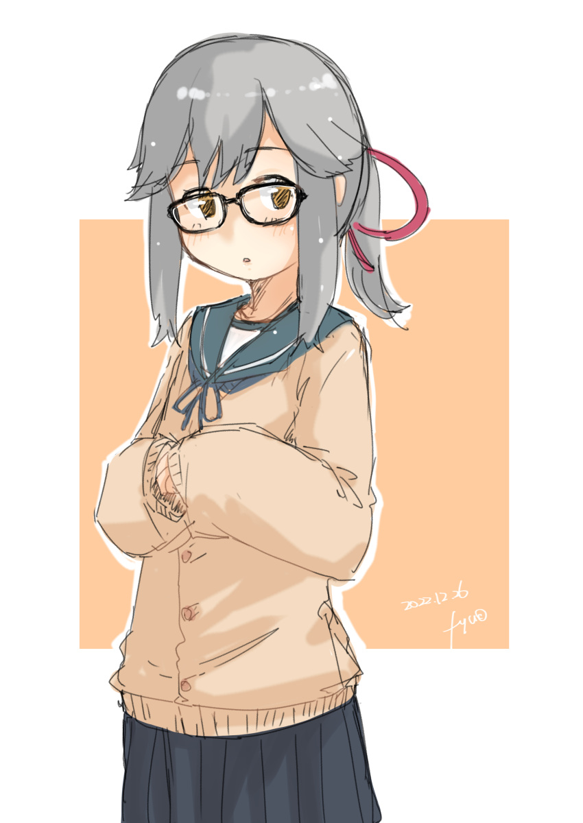 absurdres, artist_name, bespectacled, blue_sailor_collar, blue_skirt, brown_cardigan, brown_eyes, cardigan