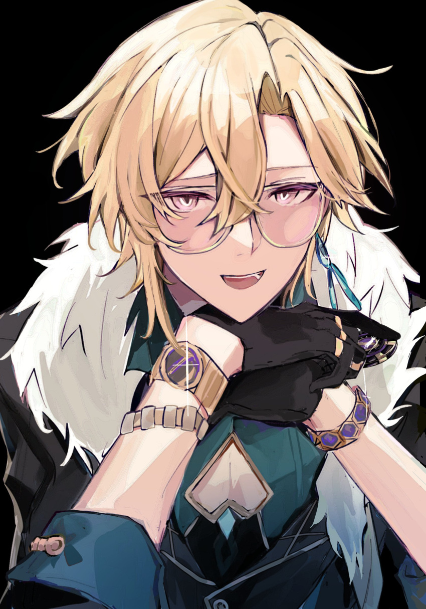 1boy, aventurine_(honkai:_star_rail), black_background, black_gloves, blonde_hair, gloves, green_shirt, hair_between_eyes, haru_(eharuru_32), highres, honkai:_star_rail, honkai_(series), looking_at_viewer, male_focus, open_mouth, pectoral_cleavage, pectorals, shirt, short_hair, simple_background, solo, upper_body, watch
