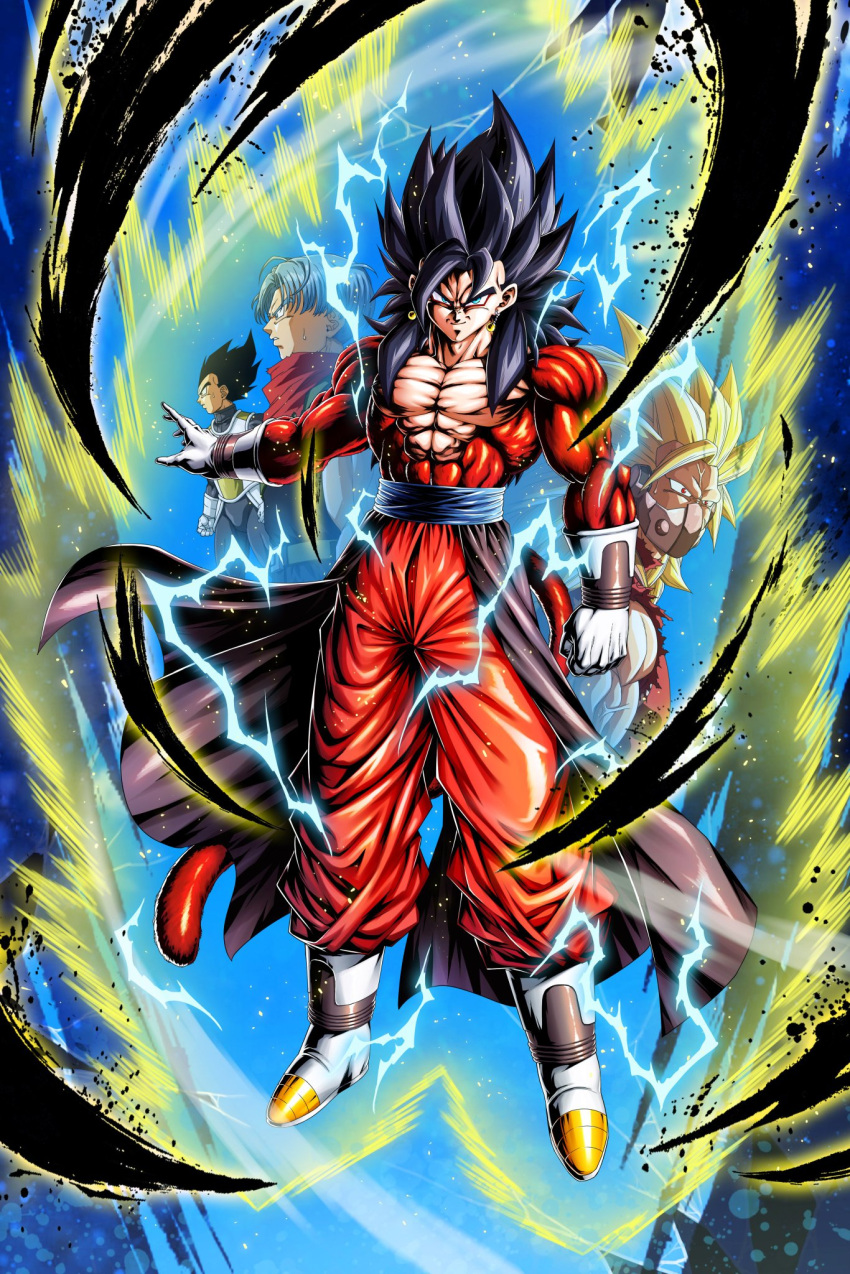 aura, black_hair, blue_eyes, blue_sash, body_fur, boyerjorys, closed_mouth, cumber, dragon_ball, dragon_ball_heroes, dragon_ball_legends, earrings, gloves, highres, jewelry, long_hair, looking_at_viewer, male_focus, monkey_boy, monkey_tail, multiple_boys, muscular, muscular_male, no_nipples, pants, pectorals, potara_earrings, red_fur, saiyan, sash, smirk, spiky_hair, super_saiyan, super_saiyan_4, tail, time_patrol_(dragon_ball), trunks_(dragon_ball), trunks_(future)_(dragon_ball), vegeta, vegetto, vegetto_(xeno)