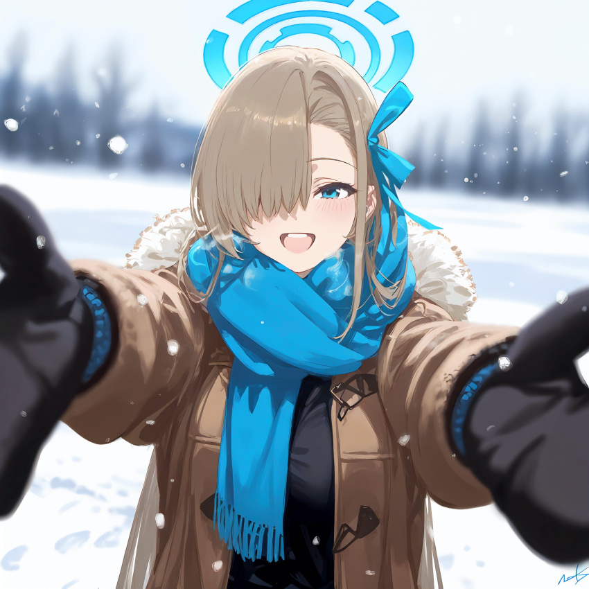 ai-generated, asuna_(blue_archive), black_mittens, blue_archive, blue_eyes, blue_halo, blue_ribbon, blue_scarf