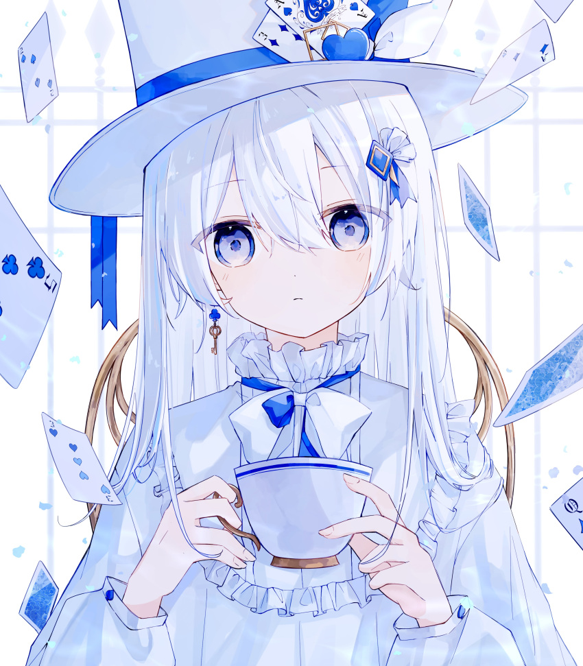 1girl, absurdres, ace_(playing_card), ace_of_diamonds, ace_of_spades, blue_eyes, blue_ribbon, card
