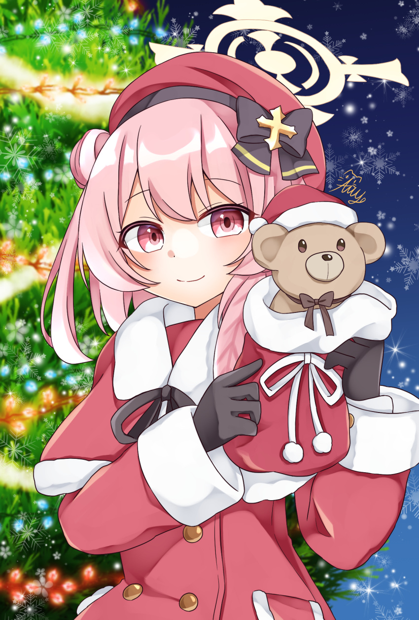 1girl, beret, blue_archive, blush, bow, capelet, christmas, christmas_stocking