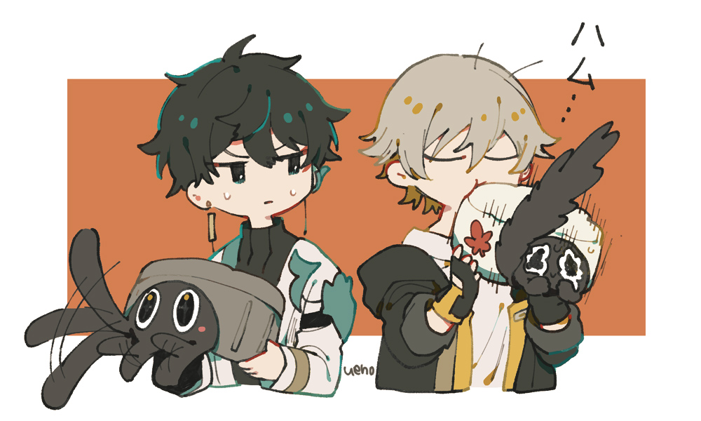 2boys, animalization, annoyed, aqua_jacket, asymmetrical_eyeliner, autumn_leaves, black_cat, black_gloves