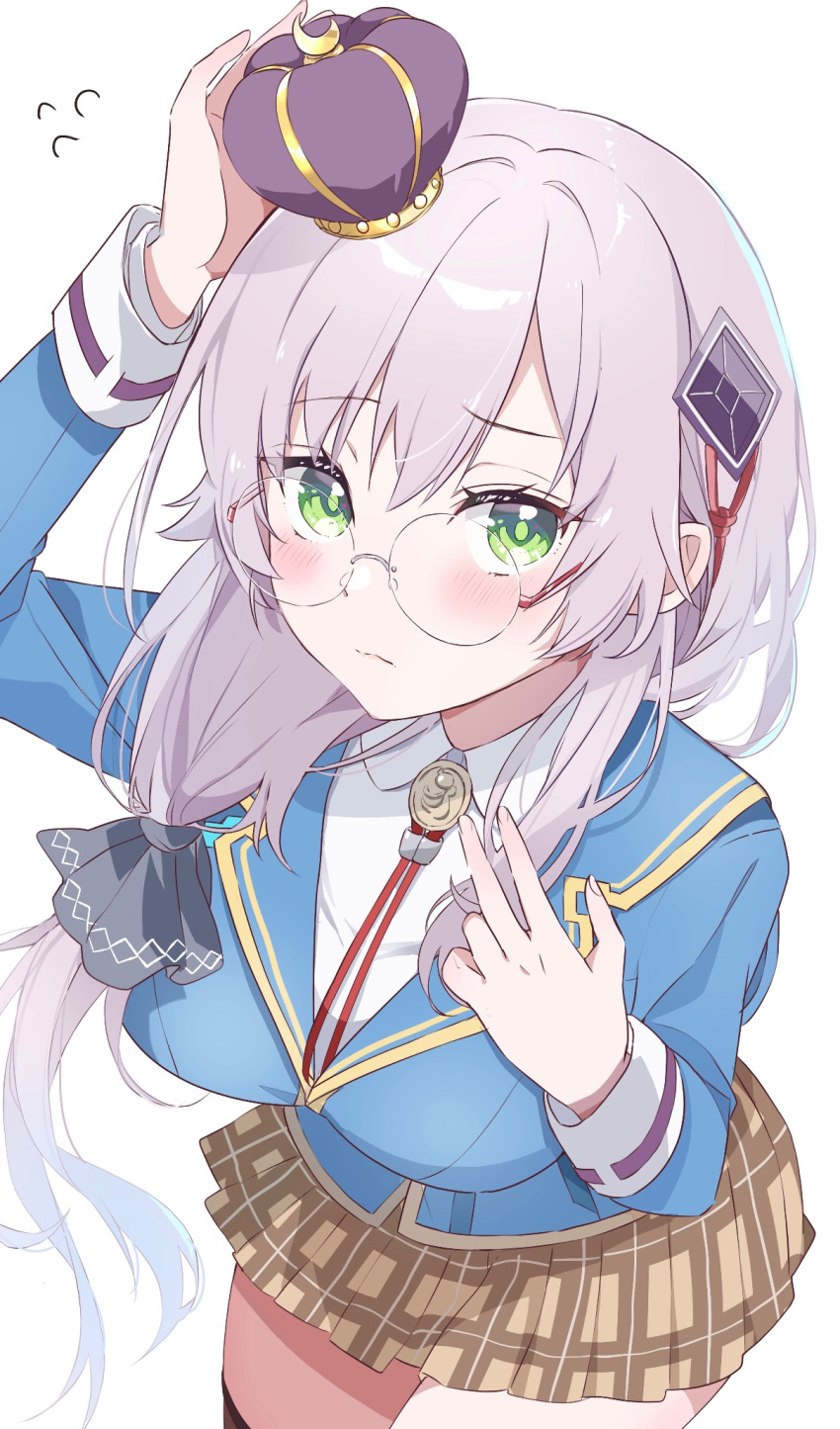 1girl, blue_jacket, blush, glasses, green_eyes, grey_hair, hair_ornament, heaven_burns_red
