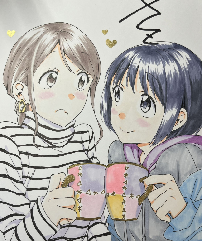 2girls, age_difference, black_hair, blush, brown_eyes, brown_hair, closed_mouth, couple