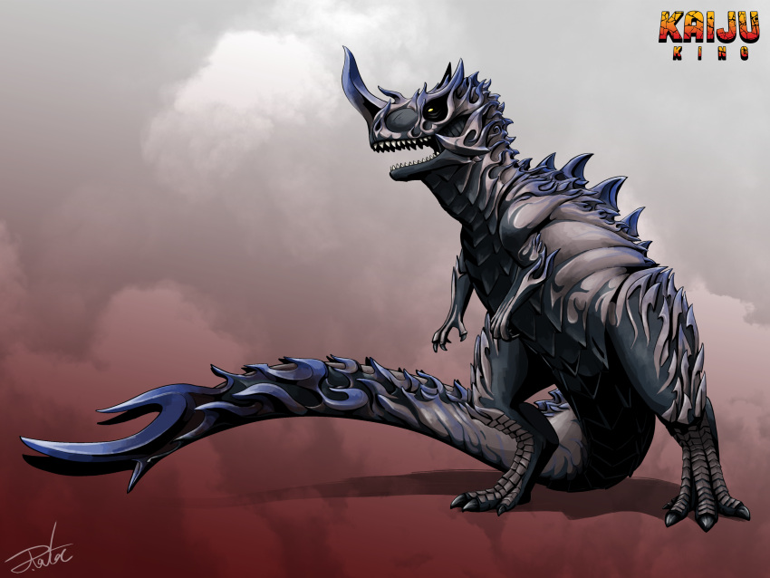 absurdres, artist_name, claws, commentary, digitigrade, dinosaur, full_body, giant, giant_monster, gugenheim98, highres, horns, kaijuu, long_tail, monster, monster_focus, no_humans, no_pupils, nostrils, open_mouth, redesign, scales, sharp_teeth, simple_background, solo, spiked_tail, spikes, spines, standing, tail, teeth, thagomizer, yellow_eyes, yongary, yongary_monster_from_the_deep