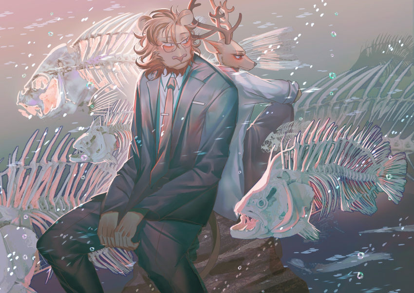 2boys, absurdres, animal_ears, antlers, arthurtng, back-to-back, beastars, black_pants