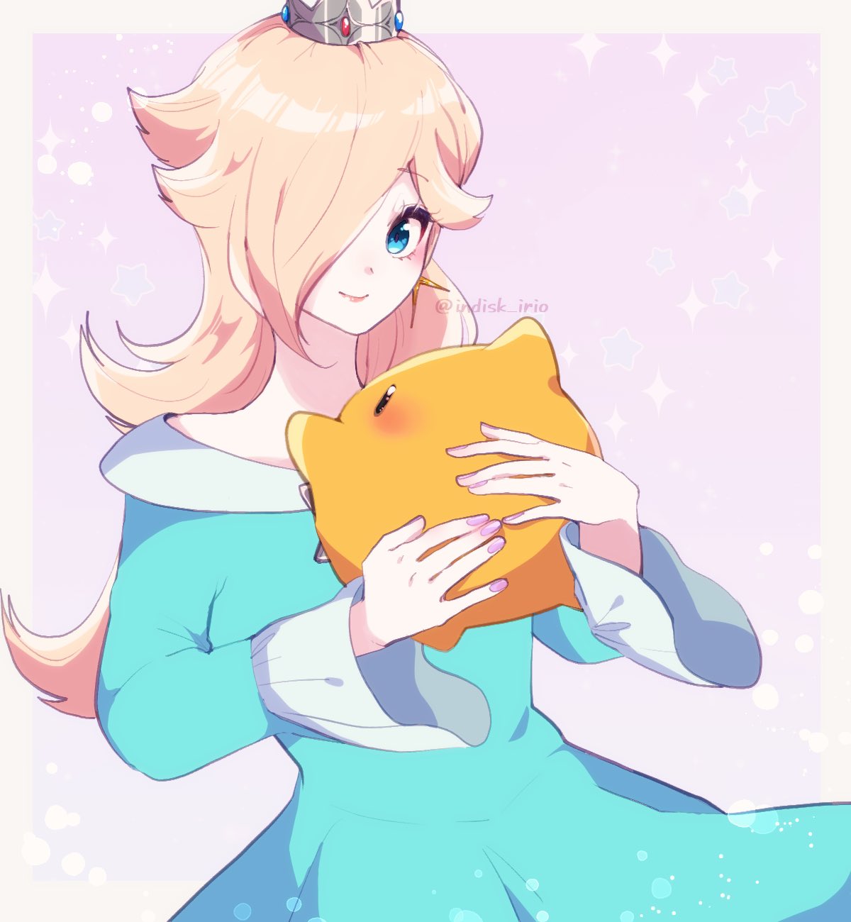 1girl, blonde_hair, blue_dress, blue_eyes, closed_mouth, crown, dress, earrings