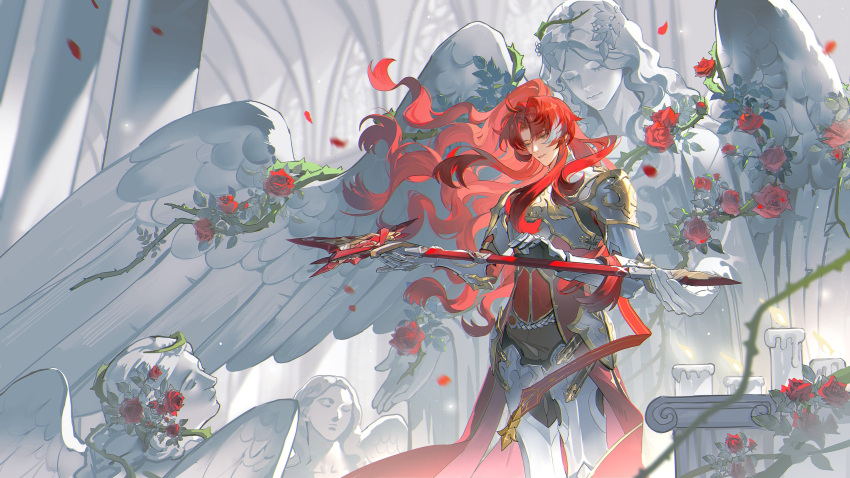 1boy, absurdres, ahoge, angel_statue, argenti_(honkai:_star_rail), armor, black_pants, blurry