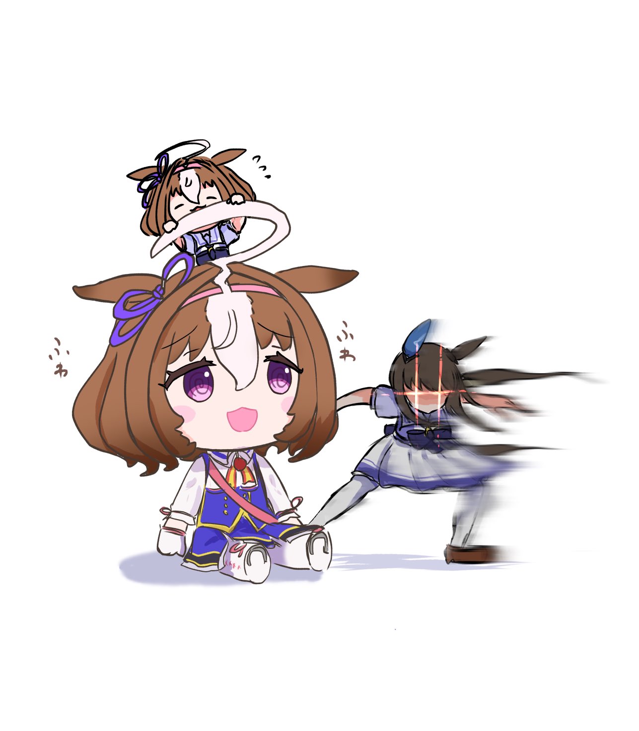 2girls, admire_vega_(umamusume), ahoge, animal_ears, bow, bowtie, brown_footwear, brown_hair