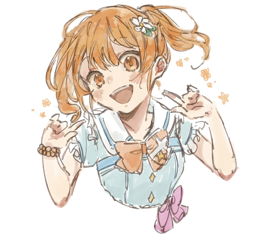 1girl, blush, flower, goda_shia, hair_flower, hair_ornament, hand_up, head_tilt