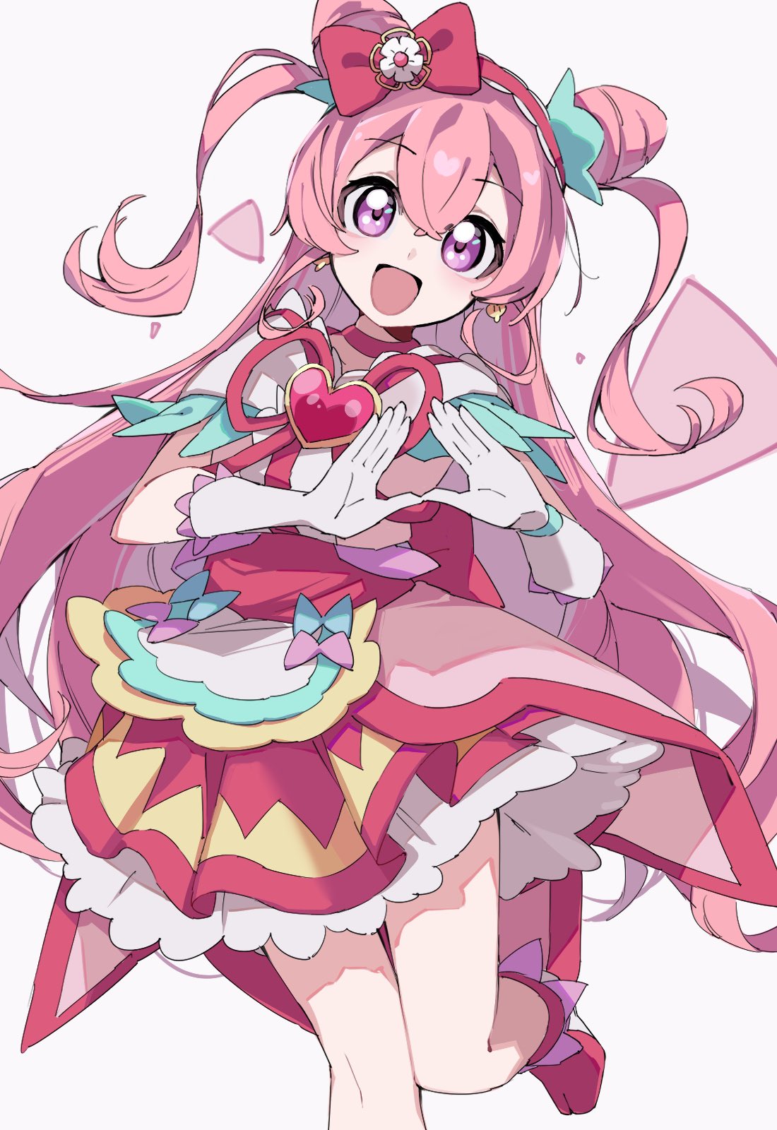 1girl, :d, blue_bow, bow, brooch, commentary_request, cone_hair_bun, cure_precious