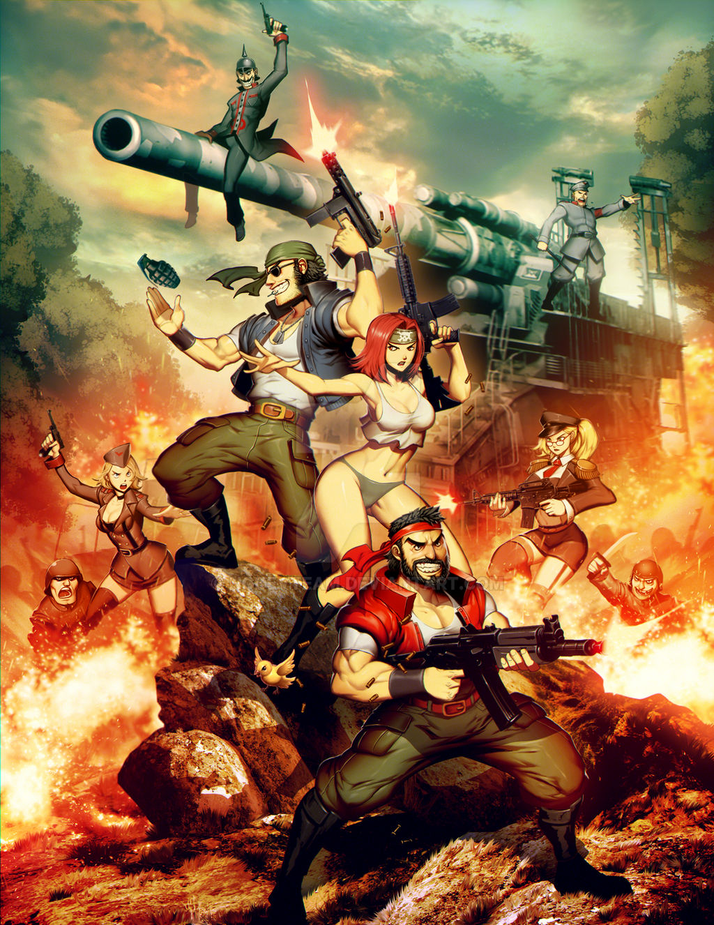 3girls, 5boys, aiming, angry, assault_rifle, bandana, battle, beard