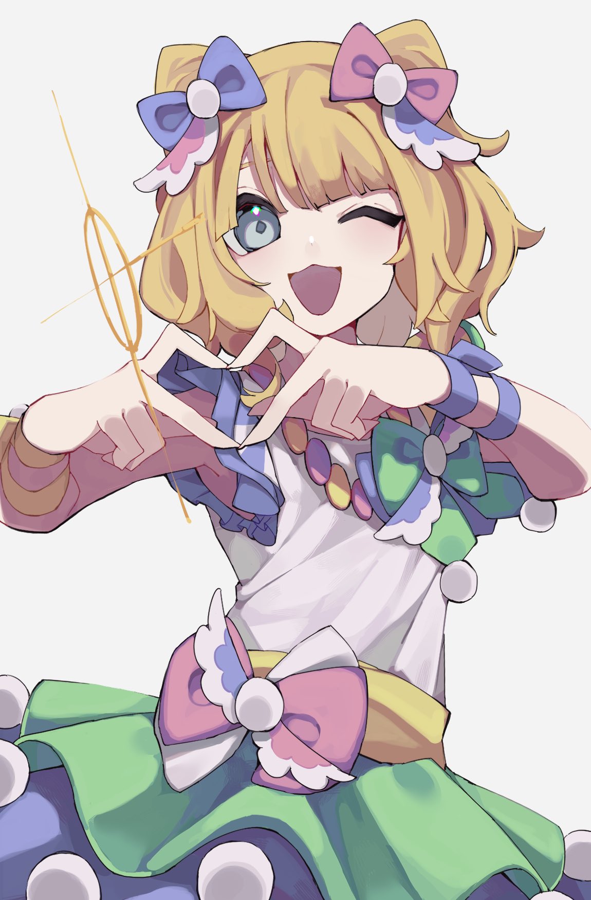 1girl, ;d, blonde_hair, blue_bow, blue_eyes, blunt_bangs, bow, cone_hair_bun