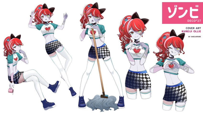 1girl, artist_name, black_bow, blue_footwear, bow, character_name, checkered_clothes, checkered_skirt