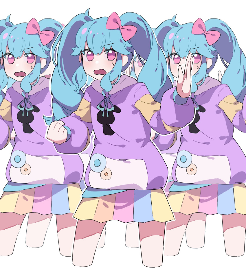 5girls, blue_hair, bow, clone, cowboy_shot, curly_hair, hair_bow, hand_up