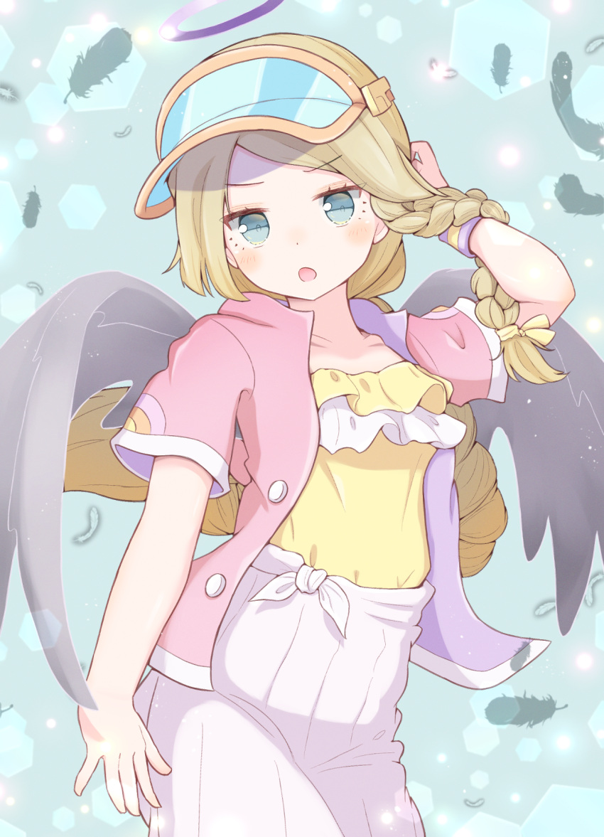 1girl, adjusting_hair, angel_wings, asymmetrical_hair, black_wings, blue_eyes, blush, braid, collarbone, eyelashes, feathers, frilled_shirt, frills, hair_ribbon, halo, highres, jazz_grace, layered_shirt, lens_flare, light_brown_hair, lisette_(puyopuyo), long_braid, long_hair, looking_at_viewer, multicolored_clothes, official_alternate_costume, open_clothes, open_mouth, open_shirt, pink_shirt, pleated_skirt, purple_halo, puyopuyo, puyopuyo_quest, ribbon, shirt, short_sleeves, skirt, tied_skirt, twin_braids, visor_cap, white_skirt, wings, wristband, yellow_ribbon, yellow_shirt