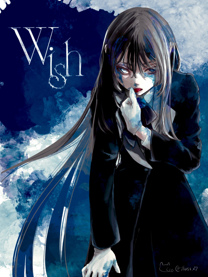 1girl, ado_(utaite), black_coat, black_hair, blue_eyes, cco_(mizutama_ma), chando_(ado), cloud_nine_inc