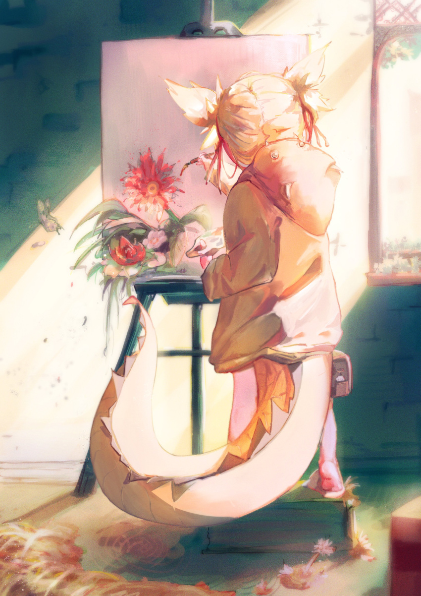 1girl, absurdres, blonde_hair, box, bug, butterfly, canvas_(object), dinosaur_girl