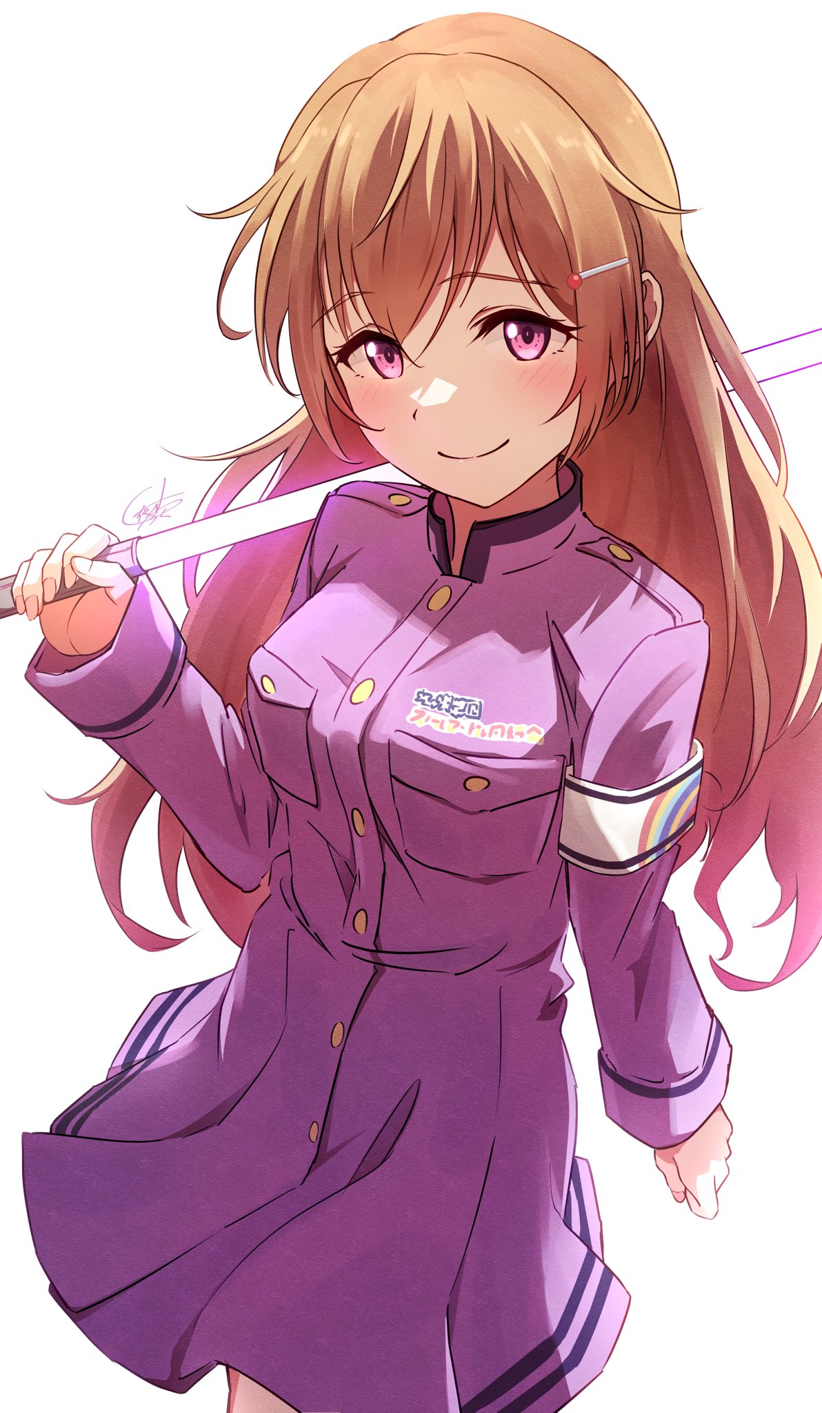 1girl, armband, breasts, closed_eyes, dress, highres, holding_glowstick, konoe_kanata, large_breasts, long_hair, long_sleeves, looking_at_viewer, love_live!, love_live!_nijigasaki_high_school_idol_club, orange_hair, purple_dress, rainbow_print, ryouran!_victory_road_(love_live!), signature, smile, solo, upper_body, violet_eyes, white_armband, white_background, yatoroku