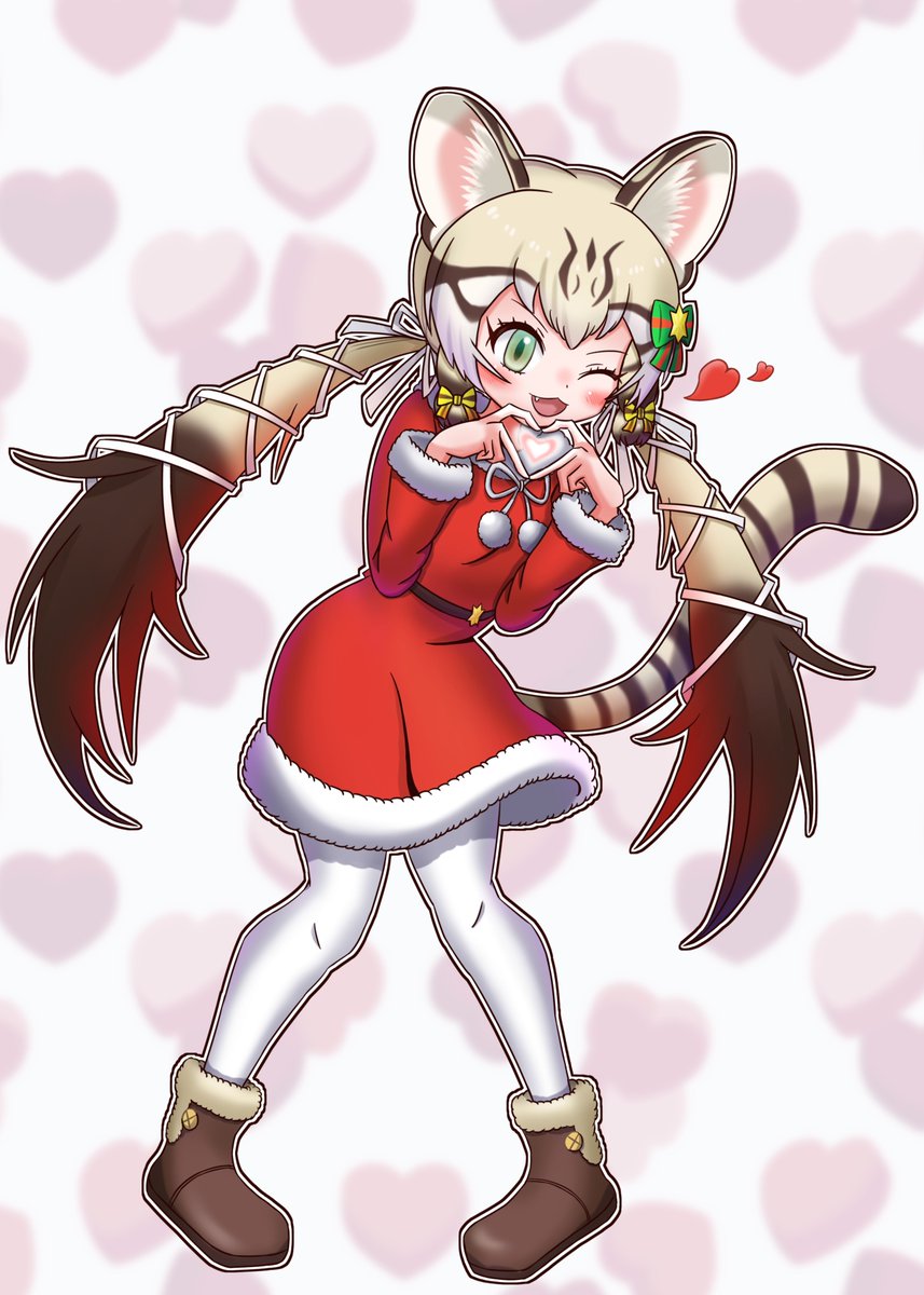 1girl, animal_ears, boots, cat_ears, cat_girl, cat_tail, dress, equalarrow, extra_ears, full_body, geoffroy's_cat_(kemono_friends), green_eyes, grey_hair, heart, highres, kemono_friends, kemono_friends_v_project, long_hair, looking_at_viewer, one_eye_closed, pantyhose, ribbon, santa_costume, santa_dress, simple_background, solo, tail, twintails, virtual_youtuber