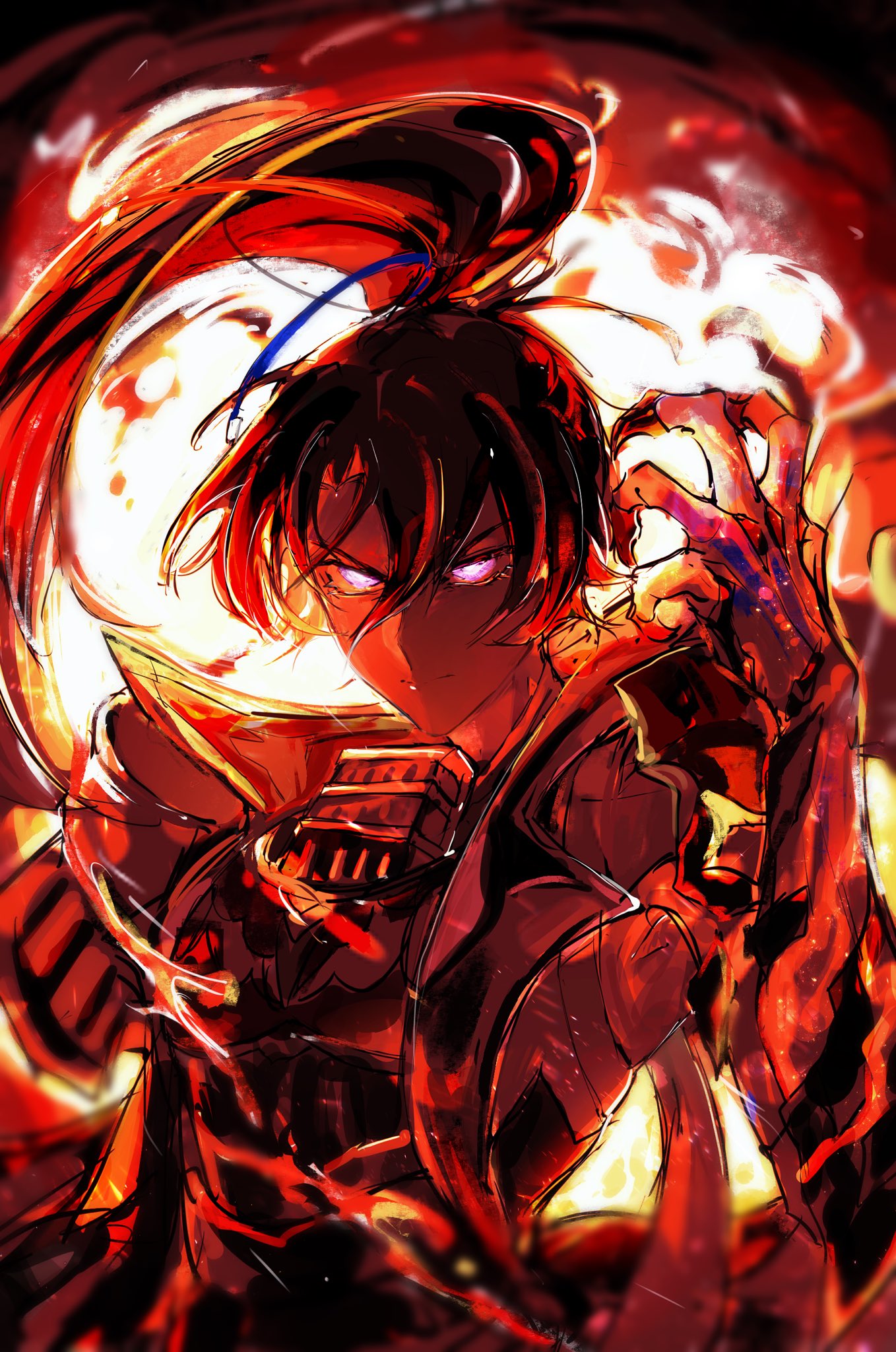 1boy, black_hair, duel_monster, fire, floating_hair, glowing, glowing_eyes, hand_up