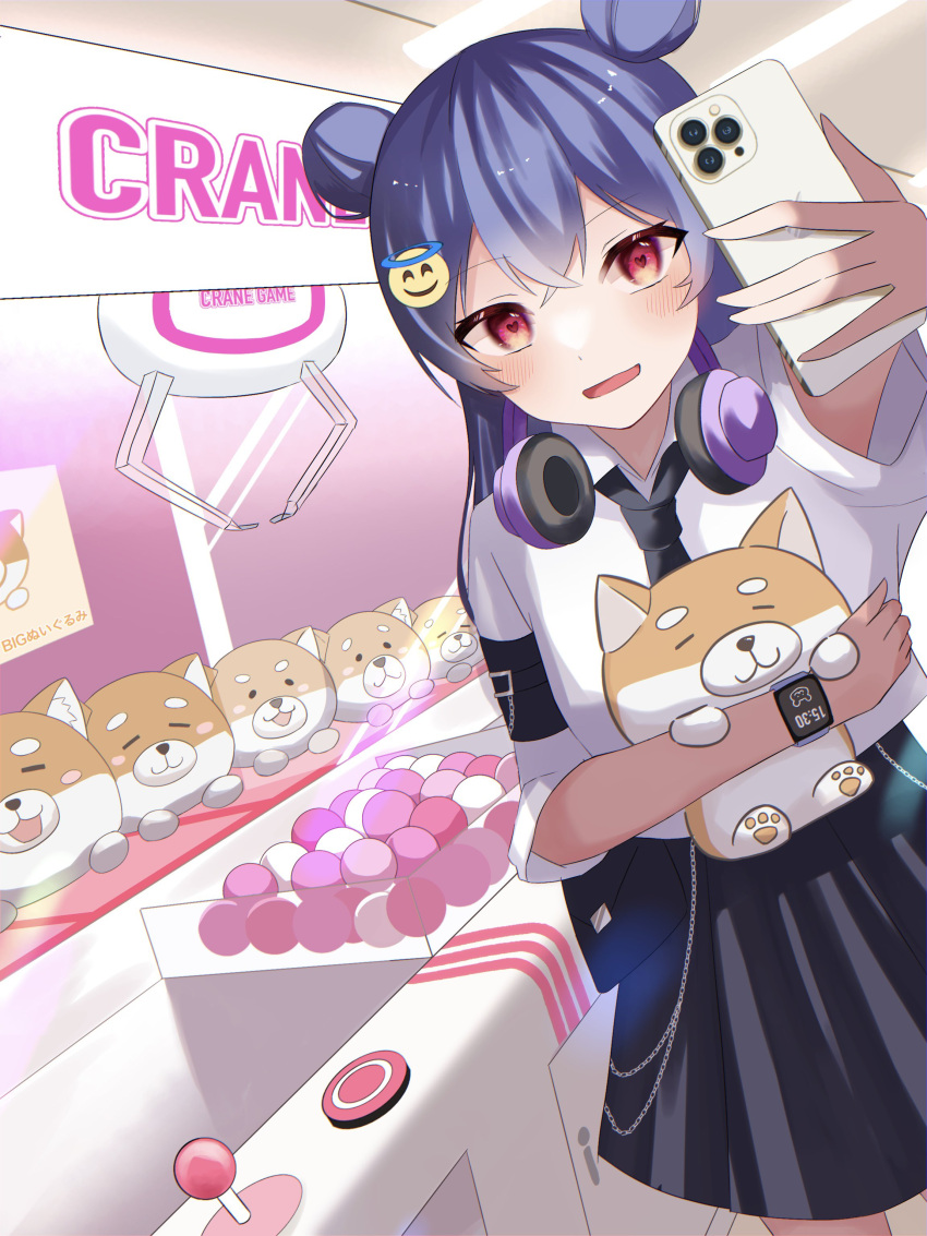 1girl, absurdres, arcade, black_necktie, blush, collared_shirt, commentary_request, crane_game