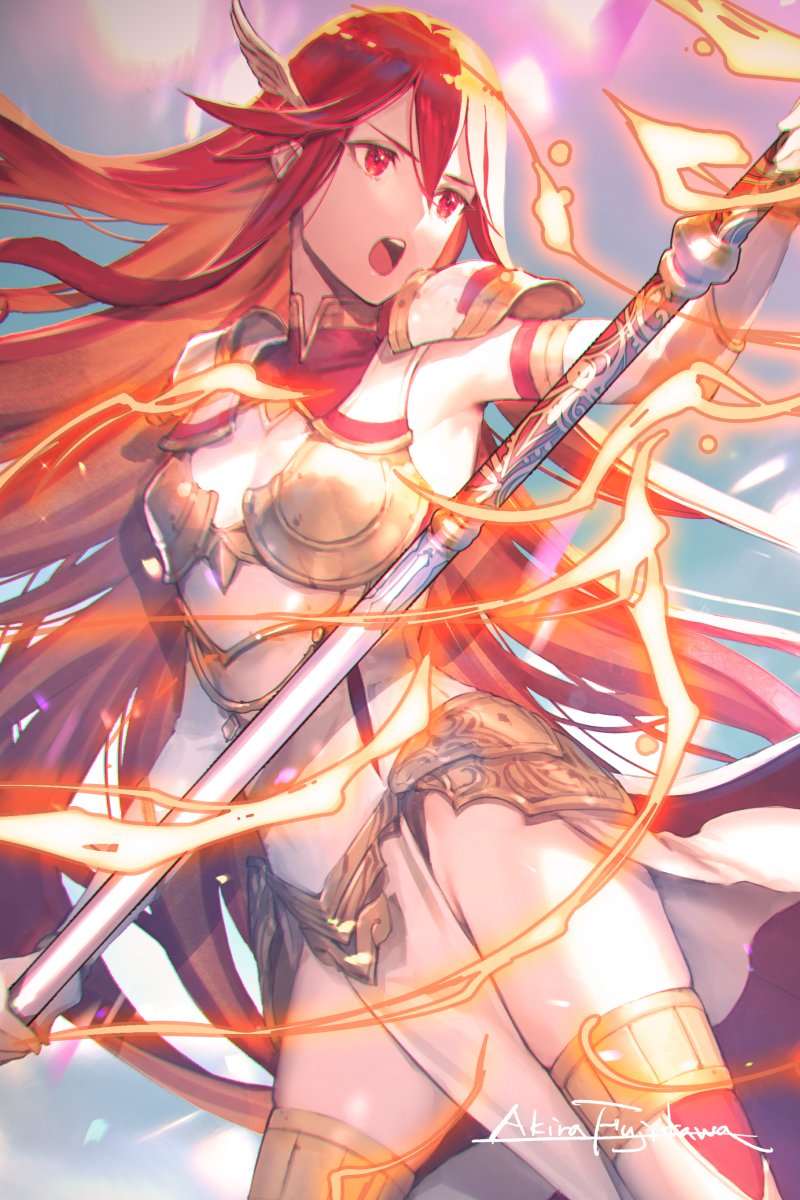 1girl, alternate_costume, armor, artist_name, cordelia_(fire_emblem), cosplay, est_(fire_emblem), est_(fire_emblem)_(cosplay), fire_emblem, fire_emblem_awakening, fire_emblem_heroes, fujikawa_arika, gold_armor, highres, holding, holding_polearm, holding_weapon, long_hair, open_mouth, polearm, red_eyes, redhead, solo, weapon