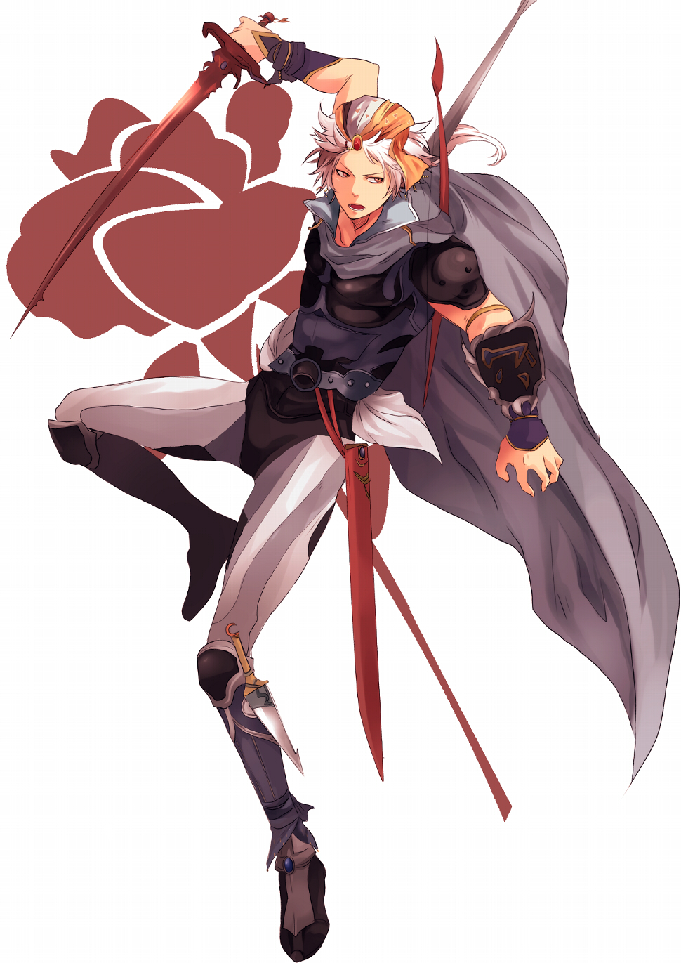 1boy, arm_armor, armlet, armor, asymmetrical_armor, asymmetrical_arms, bandana, belt, black_footwear, blue_cape, blue_shirt, breastplate, cape, collared_shirt, commentary_request, dagger, fighting_stance, final_fantasy, final_fantasy_ii, firion, flower, forehead_jewel, full_body, gem, high_collar, highres, holding, holding_sword, holding_weapon, jumping, knee_pads, knife, leg_armor, long_hair, looking_to_the_side, low_ponytail, male_focus, minatoya_mozuku, open_mouth, orange_bandana, pauldrons, red_flower, red_gemstone, red_rose, rose, scabbard, serious, sheath, shirt, shoulder_armor, solo, sword, waist_cape, weapon, white_hair, yellow_eyes