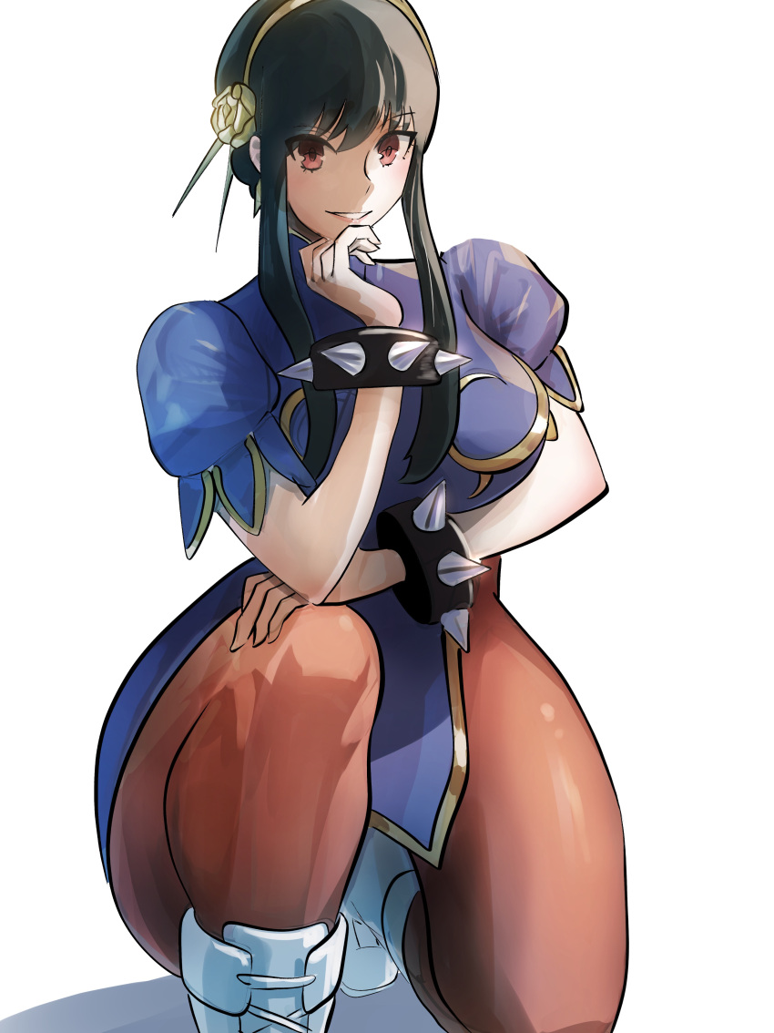 1girl, absurdres, black_hair, blue_dress, blush, bracelet, breasts, brown_pantyhose
