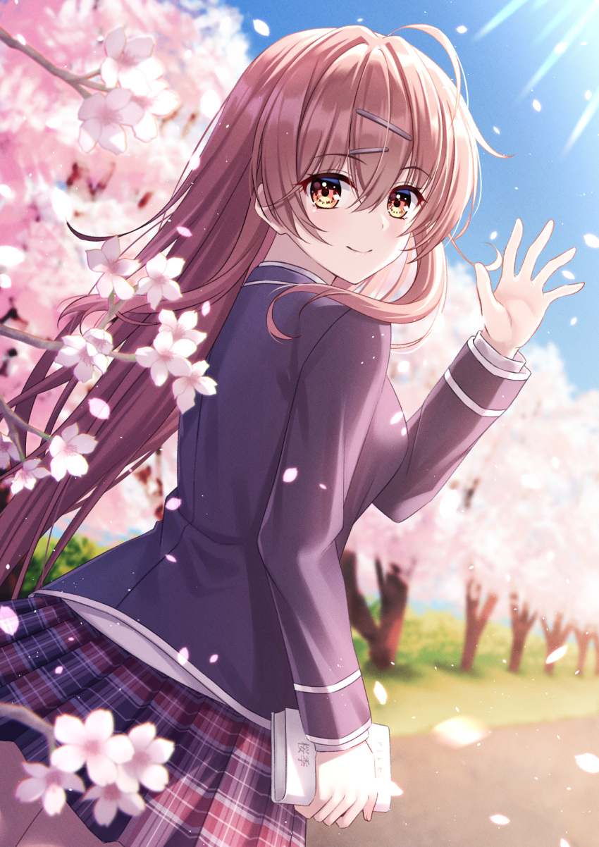 1girl, ahoge, ayase_aisa, black_jacket, blazer, blue_sky, blurry, blush