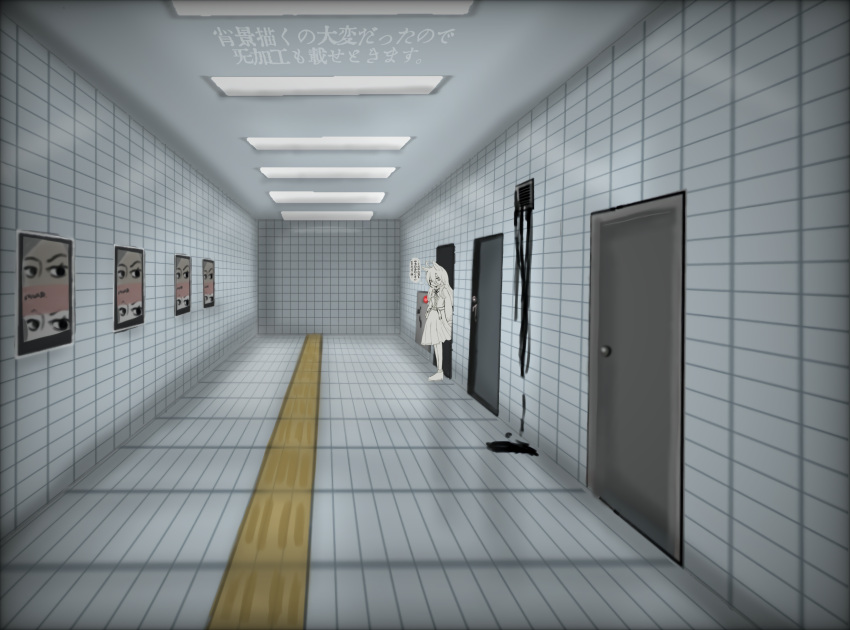 1girl, absurdres, animal_ears, casual, door, fluorescent_lamp, grating, hallway