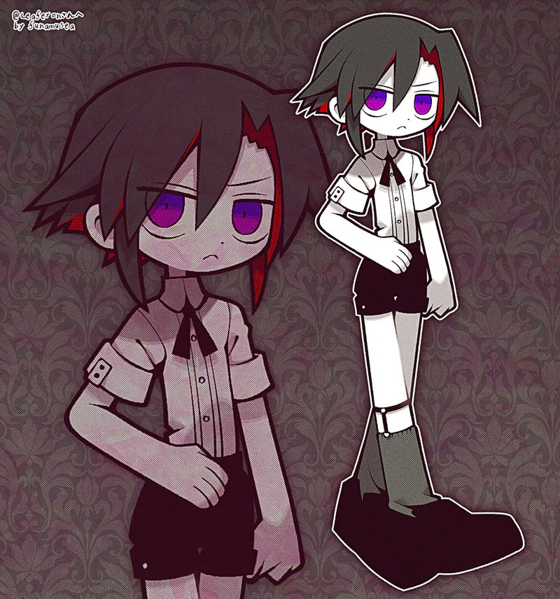 1boy, aged_down, artist_name, black_hair, black_ribbon, black_shorts, child, closed_mouth, colored_skin, commission, commissioner_name, fumus_(funamusea), funamusea, funamusea_(artist), grey_socks, male_focus, multicolored_hair, official_art, redhead, ribbon, shirt, shoes, short_sleeves, shorts, skeb_commission, socks, solo, two-tone_hair, violet_eyes, white_shirt, white_skin, zoom_layer