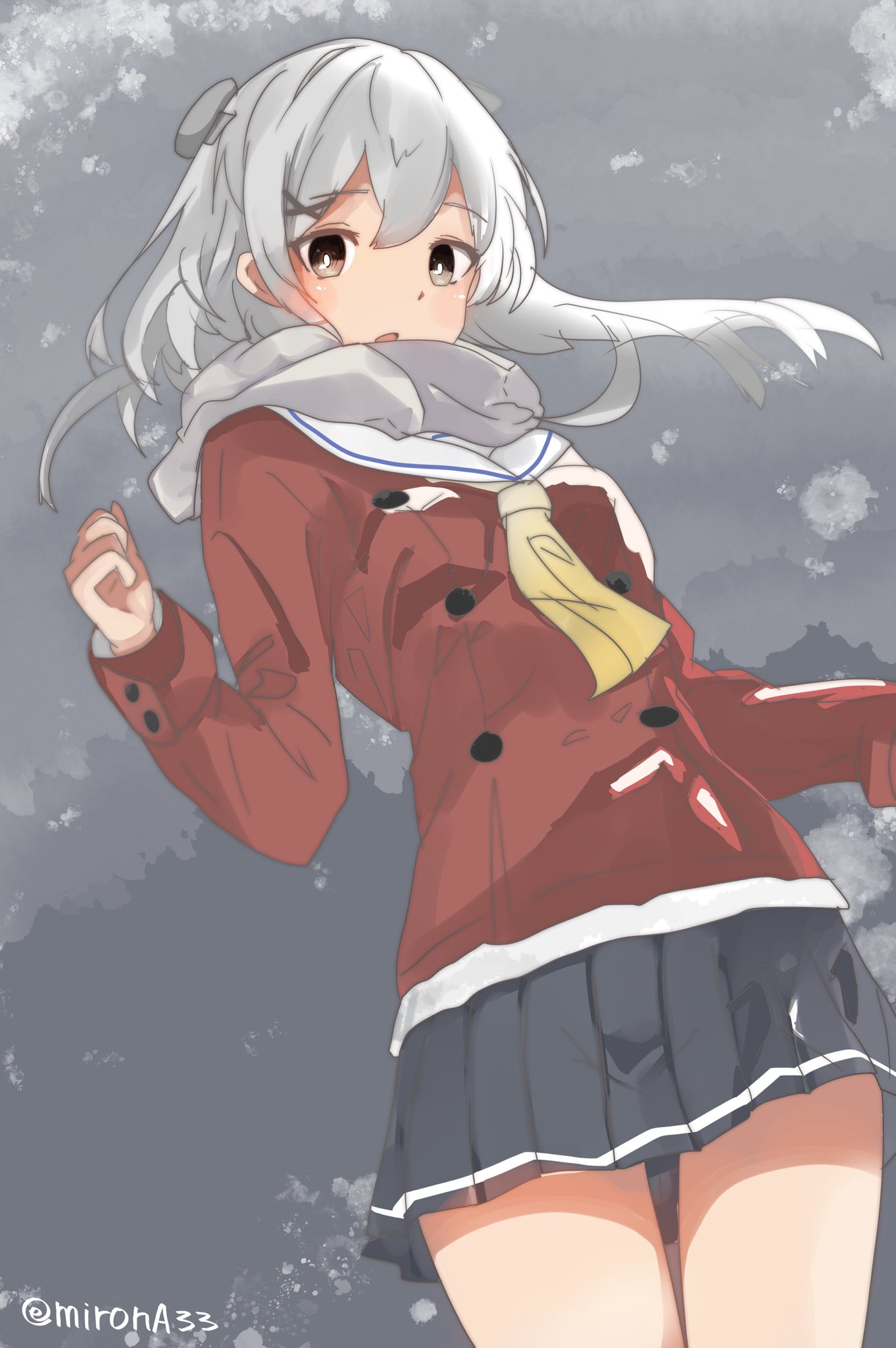 1girl, alternate_breast_size, gradient_neckerchief, grey_eyes, grey_hair, grey_skirt, highres, i-201_(kancolle)