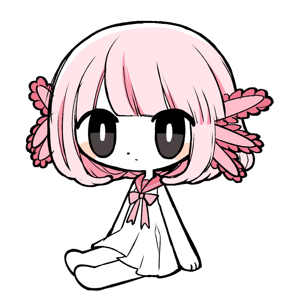 1girl, axolotl_ears, axolotl_girl, black_eyes, blush, bow, bright_pupils, chibi