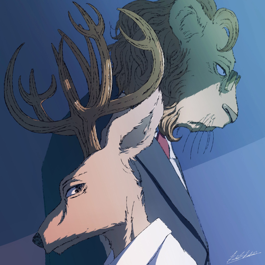 2boys, animal_ears, antlers, beastars, black_suit, commentary_request, congratulations, deer_antlers