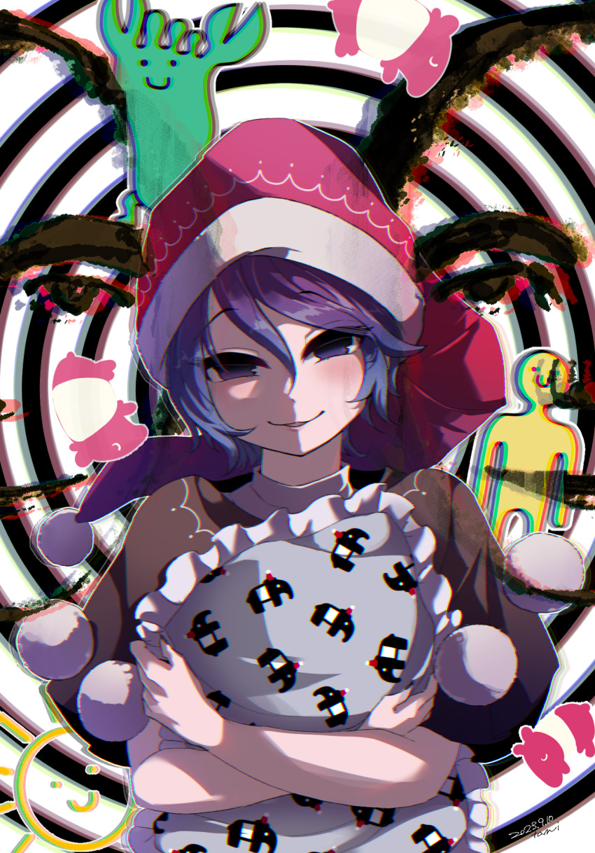1girl, akatsuki_records, black_capelet, blue_eyes, blue_hair, capelet, dated, doremy_sweet