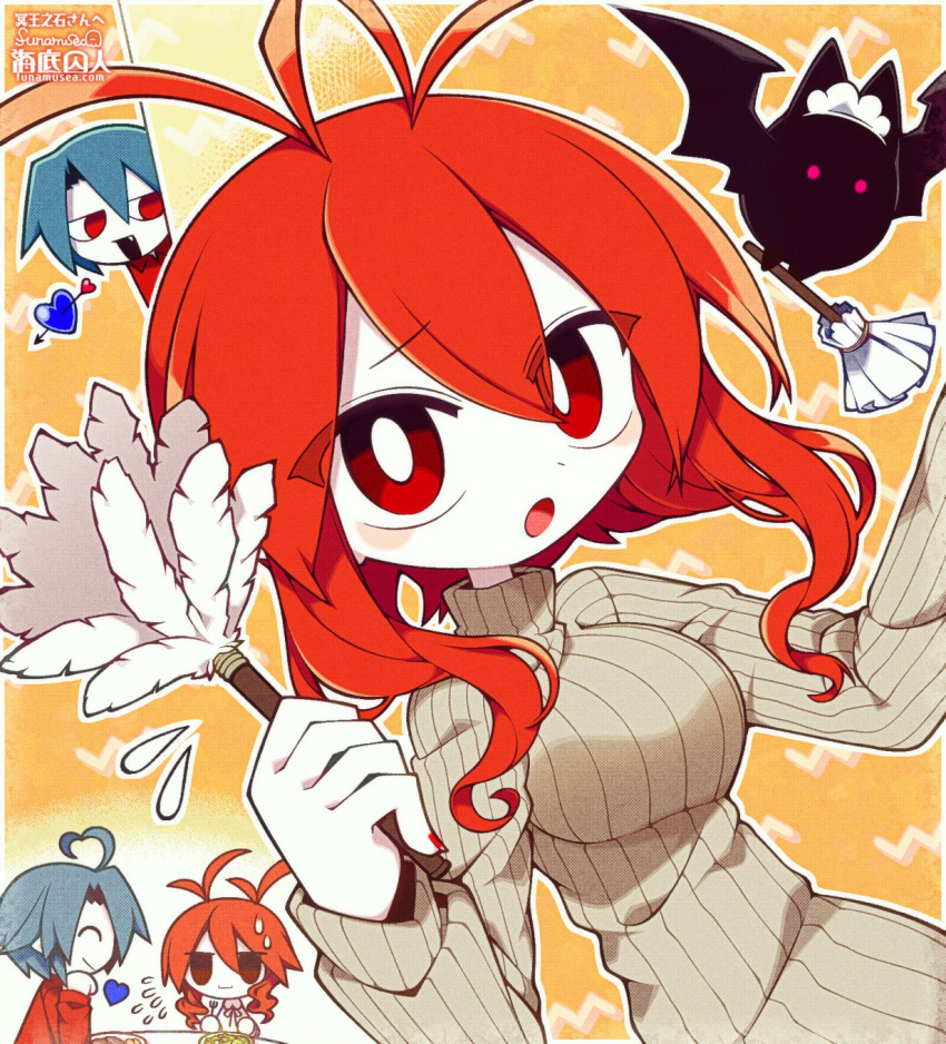 1boy, 1girl, ahoge, antenna_hair, arrow_through_heart, artist_name, bat_(animal), blue_hair