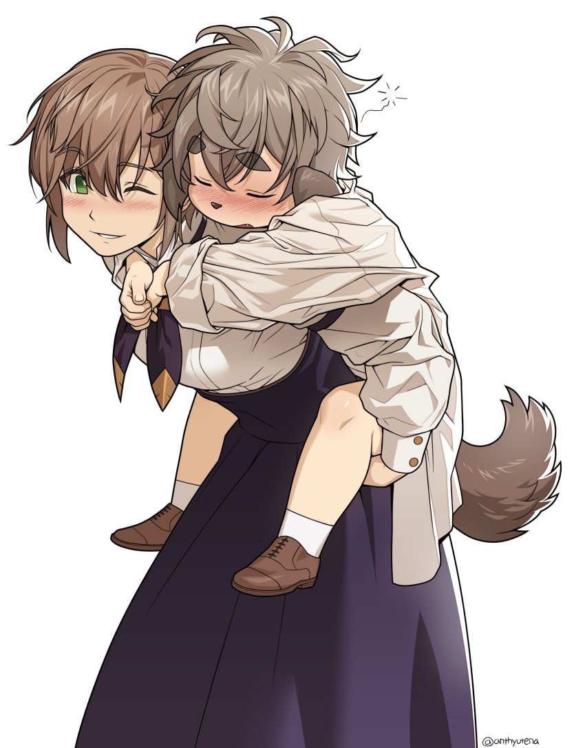 1boy, 1girl, absurdres, animal_ears, blush, brown_footwear, brown_hair, carrying