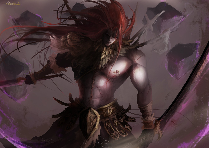 1boy, armor, artist_name, aura, black_sclera, chest_hair, closed_mouth, colored_sclera