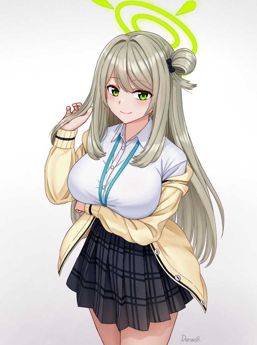 1girl, black_skirt, blue_archive, breasts, buttons, cardigan, closed_mouth, collared_shirt, cowboy_shot, durian12, green_eyes, green_halo, halo, highres, large_breasts, light_brown_hair, long_hair, long_sleeves, looking_at_viewer, nonomi_(blue_archive), pleated_skirt, shirt, signature, simple_background, skirt, smile, solo, white_background, white_shirt, yellow_cardigan